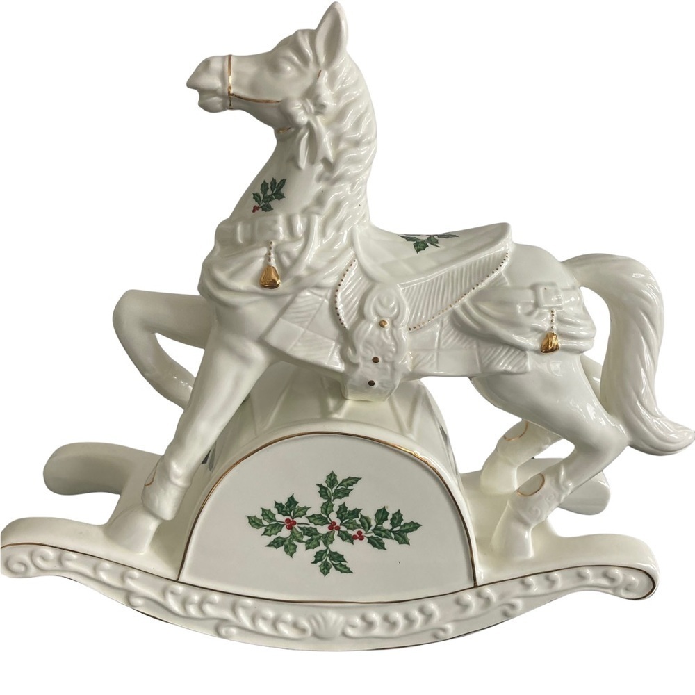 Large Musical Rocking Horse Christmas Holly White Ceramic with Holly